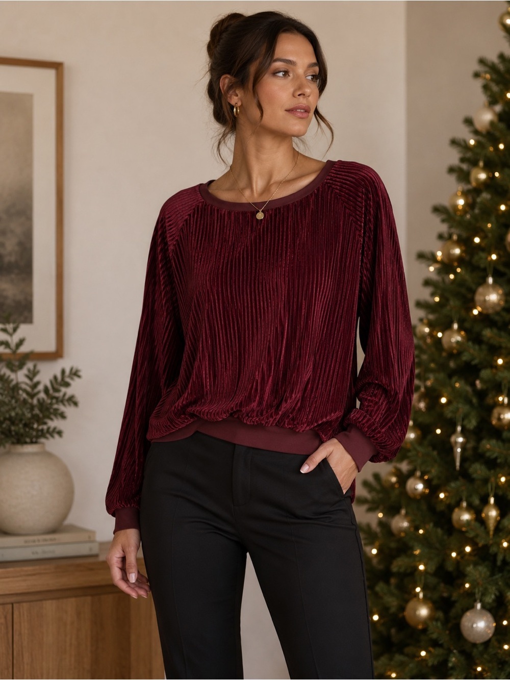 Entro Burgundy Ribbed Velvet Type Long Sleeve Top Size M Holiday Fall Winter